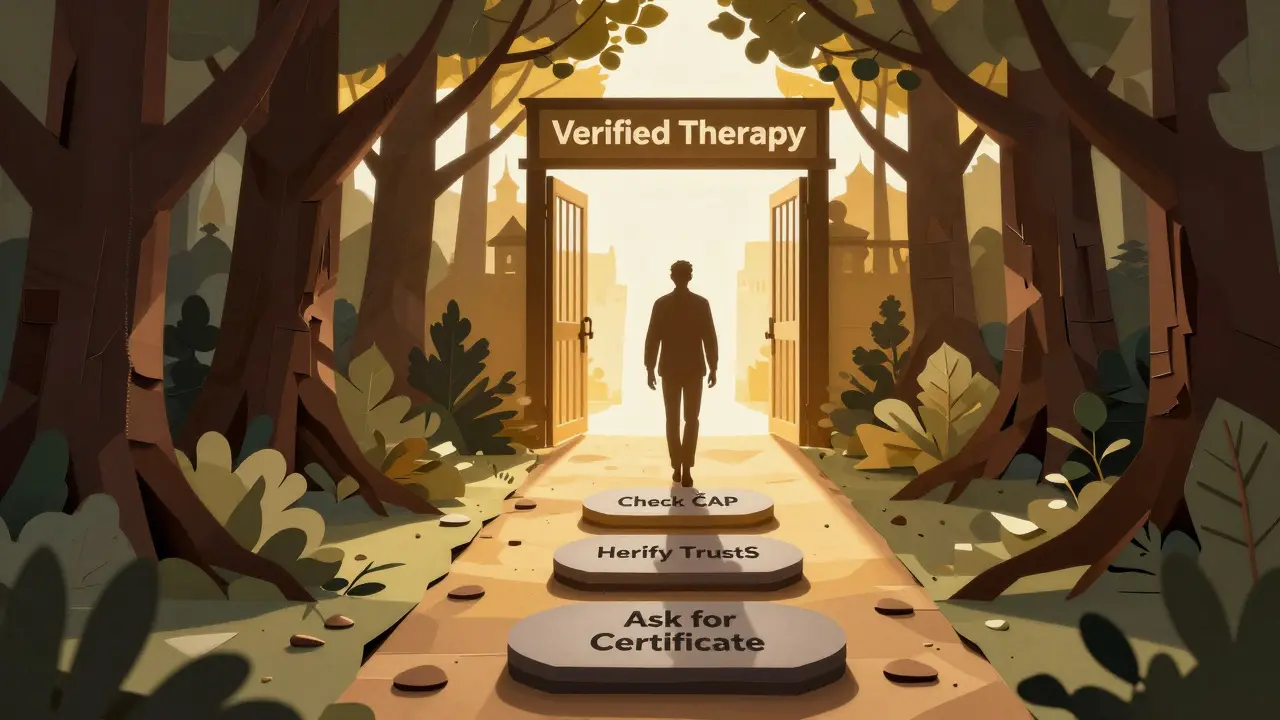 Cesta z temného lesa neověřených terapeutů k jasnému východu označenému 'Ověřená terapie' s papírovými kameny.