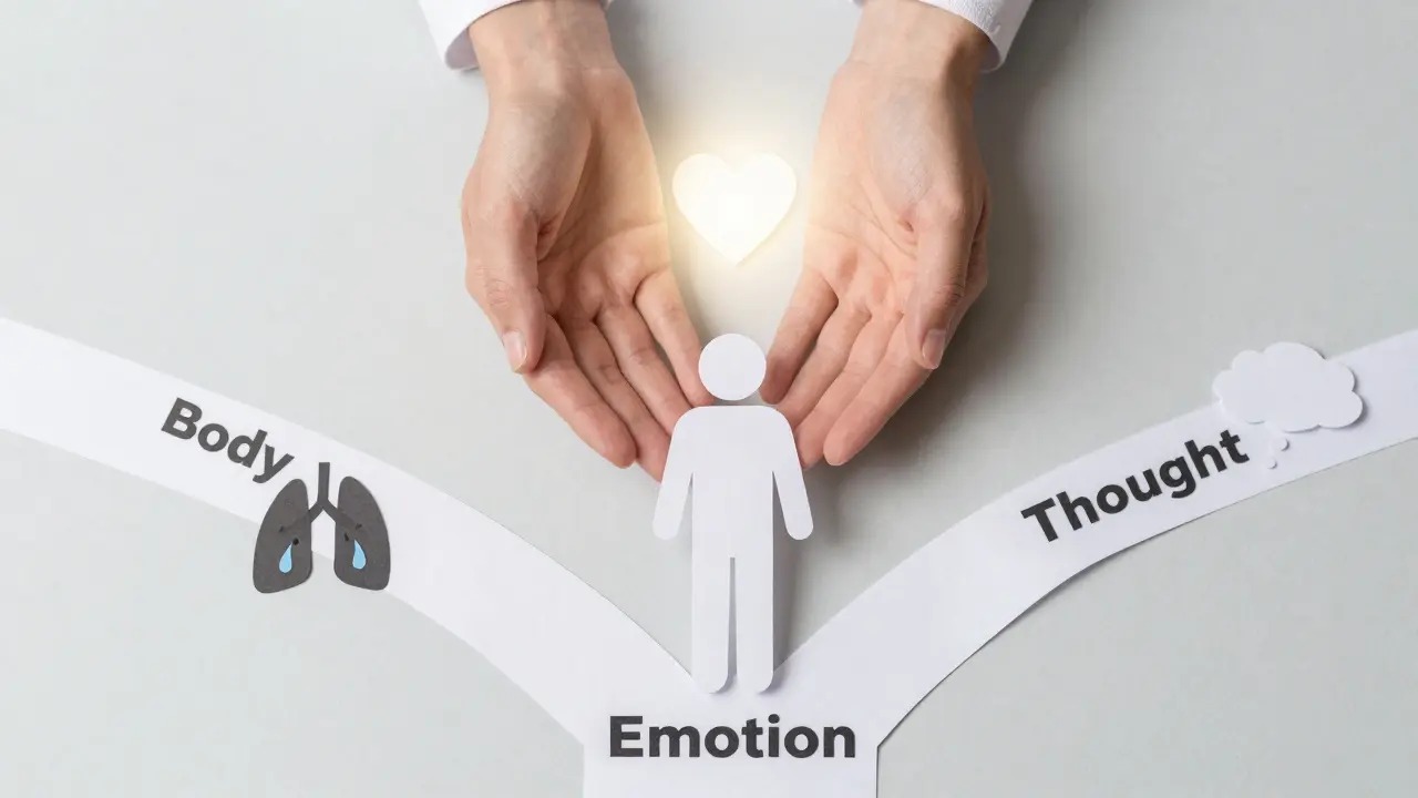 Člověk stojí na křižovatce tří cest: tělo, emoce, myšlenky, s osvětleným srdcem uprostřed.