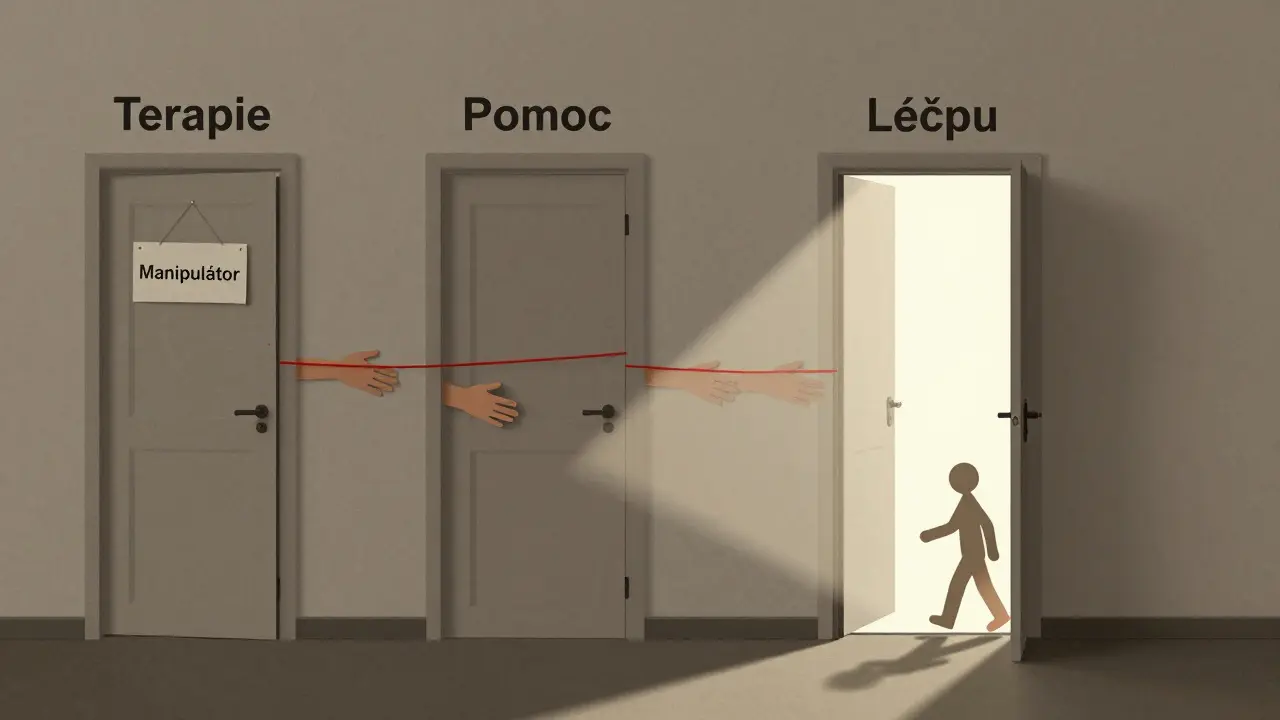Délka chodby s uzavřenými dveřmi, z nichž jedna je označena jako 'Manipulátor', zatímco jedna otevřená dveře vede k naději.