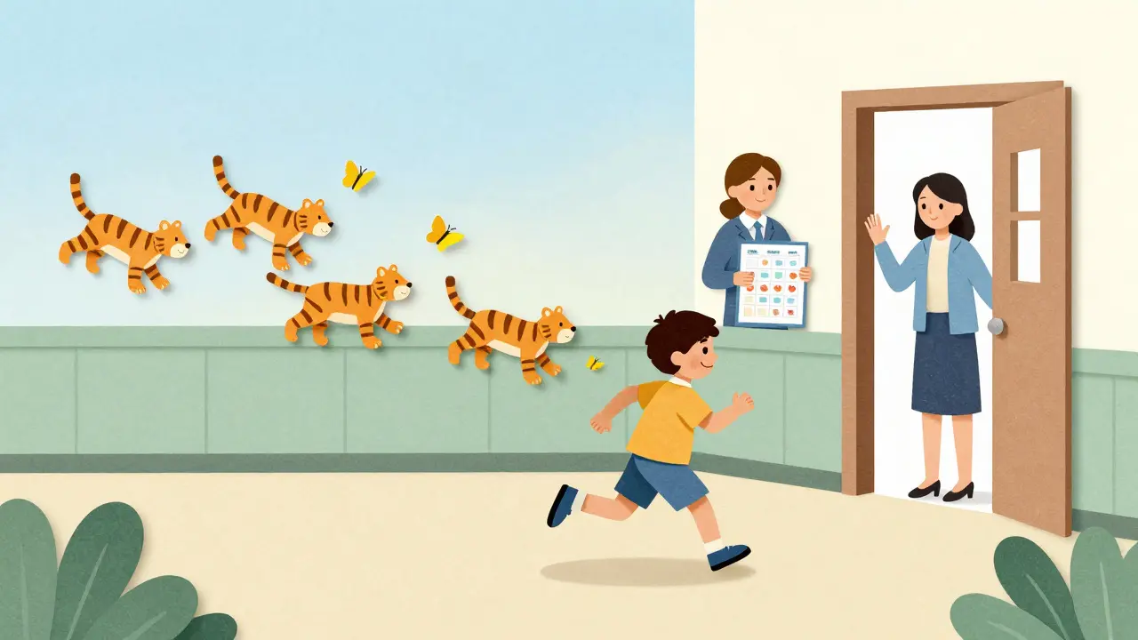 Dítě běží školní chodbou, tigři se mění v motýly, učitel a rodič se usmívají.