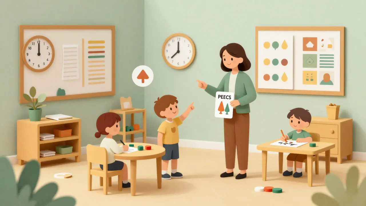 Dítě v speciální třídě používá komunikační karty s učitelem