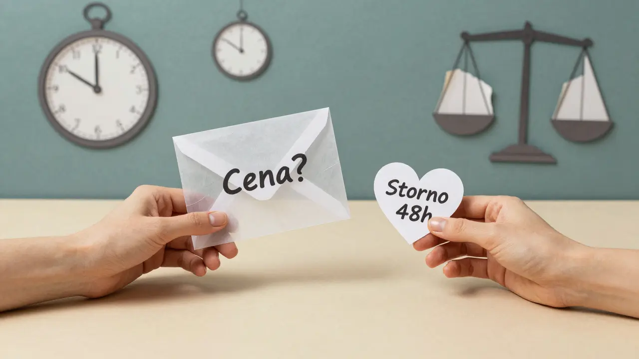 Dvě ruce se setkávají přes stůl, jedna nabízí cenovou informaci, druhá drží pravidla zrušení.