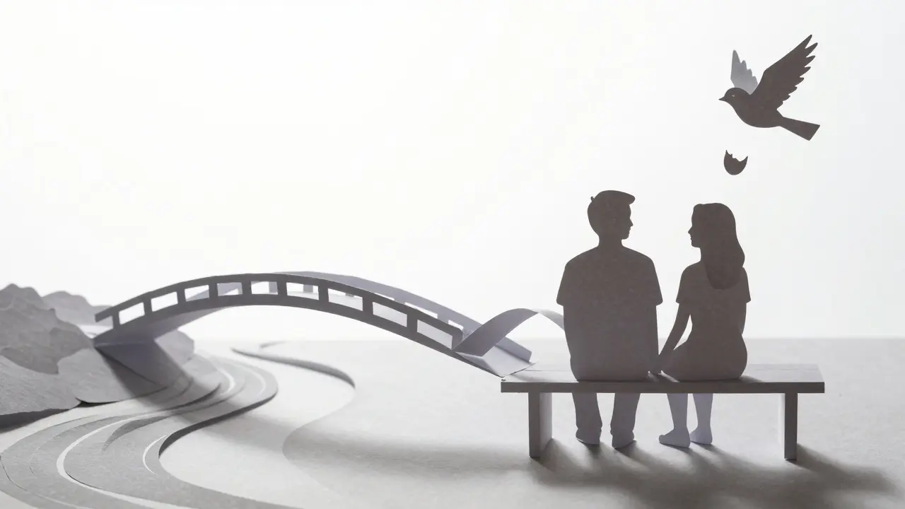 Dvojice sedí na lavičce, jejich postavy spojuje papírová stuha, která se mění v most přes řeku stínů, za nimi vylíhne pták z prasklého vajíčka.