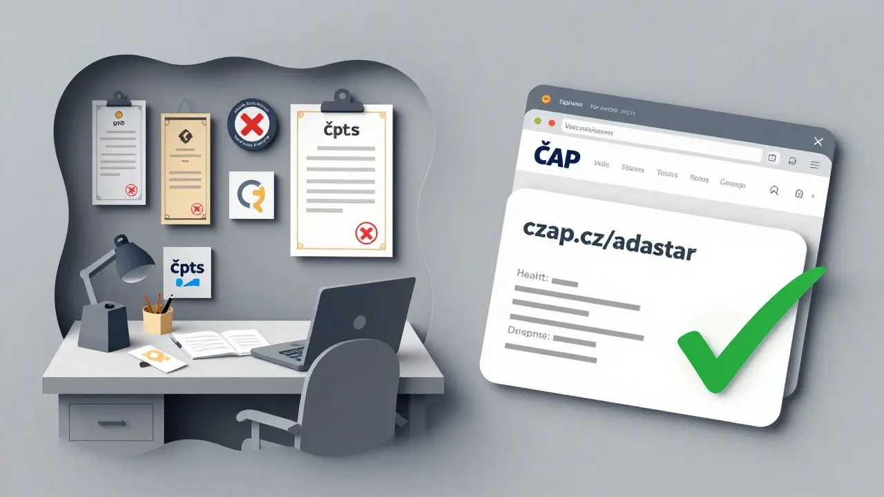 Dvoučástná papírová ilustrace: neověřené certifikáty vlevo a ověřené členství vpravo s webovou stránkou ČAP.