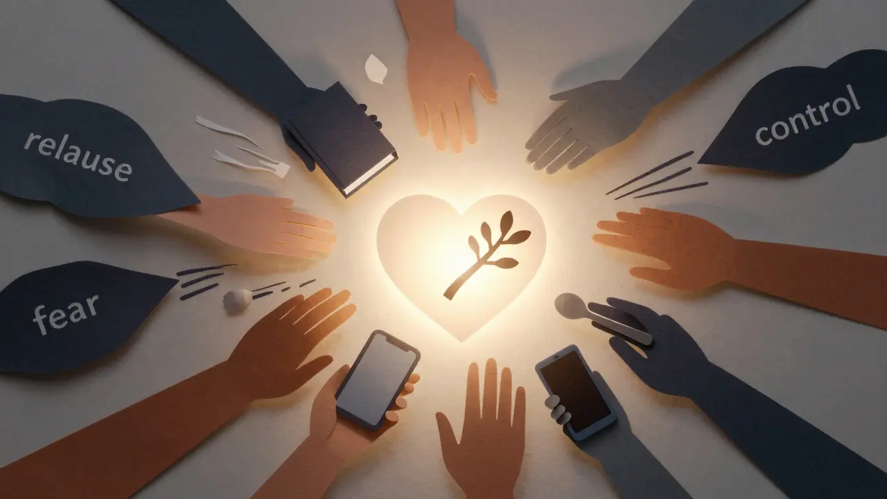 Kruh rukou podporujících srdce, zatímco temné tvary strachu jsou odnášeny větrem.