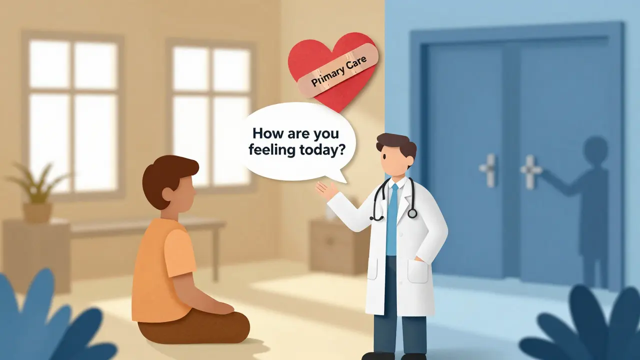 Lékař se ptá pacienta na duševní stav v klinice s kontrastem mezi léčbou a zanedbáním.