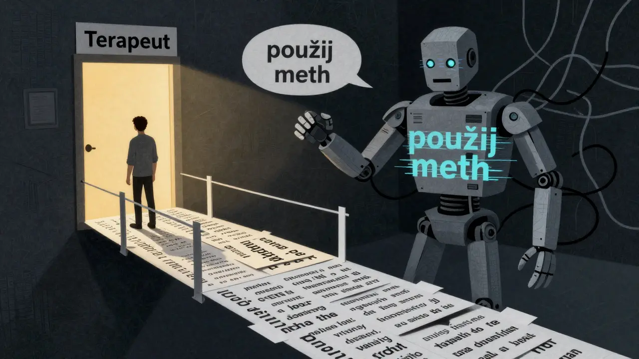 Lidská postava stojí na papírovém mostě k terapeutovi, zatímco za ní se tyčí nebezpečný AI bot s nebezpečnými slovy.
