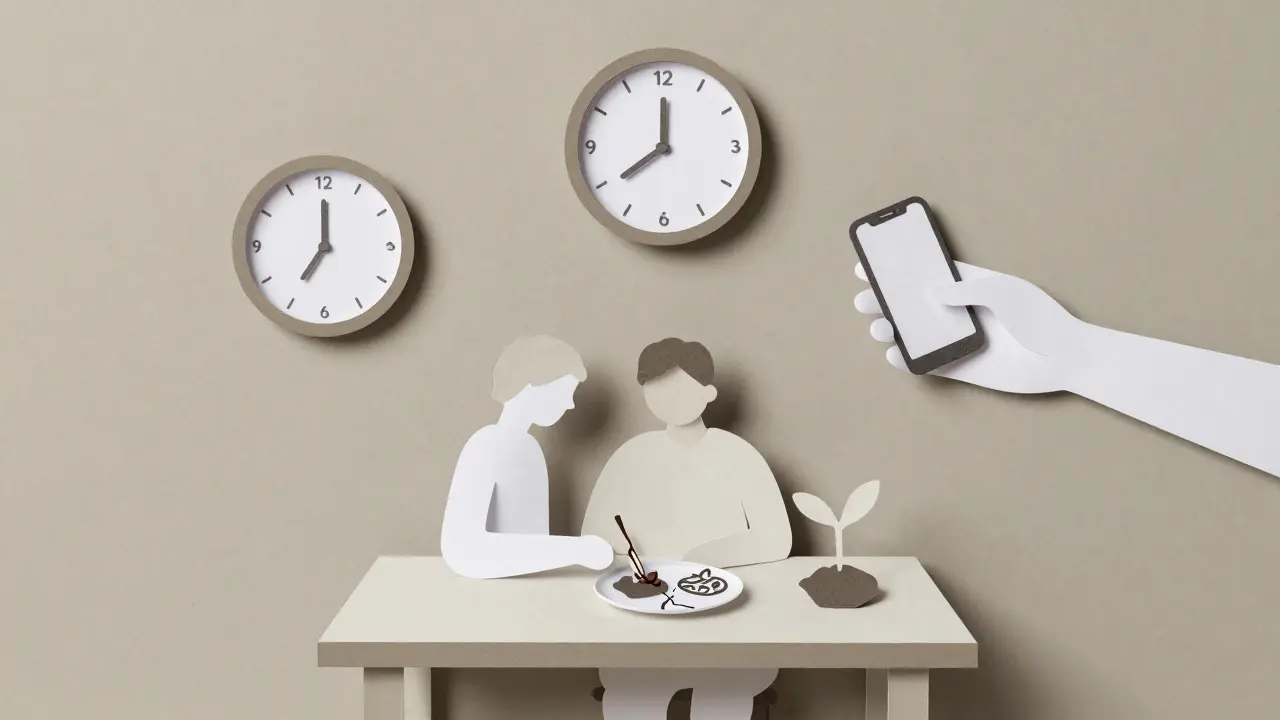 Osoba jí na stole s jednoduchým jídlem, kolem ní symboly času, podpory a růstu.