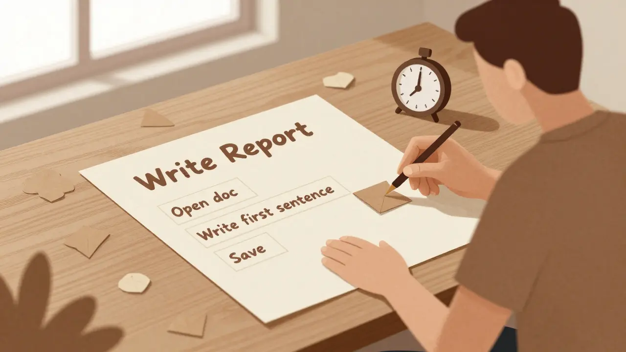 Osoba rozděluje úkol na malé kroky na stole s Pomodoro časovačem.