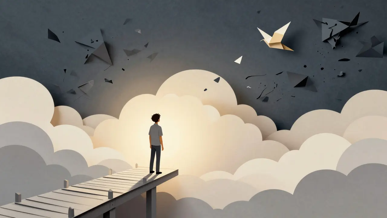 Osoba stojí na papírovém mostě, za ní se rozplynou temné kusy strachu, před ní svítí slunce.