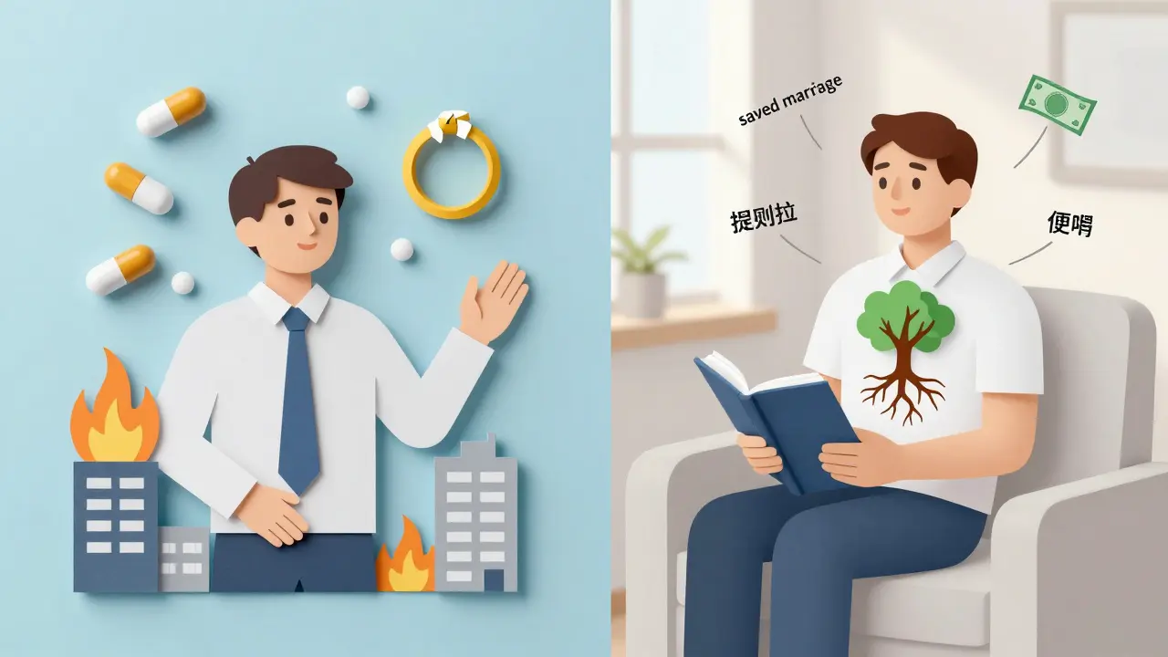 Porovnání ničivých důsledků nečinnosti a transformace prostřednictvím terapie.