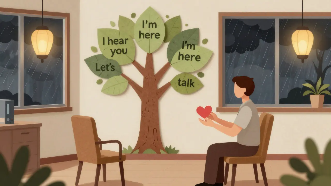 Rodič sedí sám v kanceláři terapeuty, za ním papírový strom s kladnými větami, světlo z papírových lampionů.