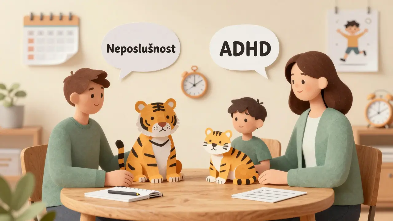 Rodina a učitel spolu u stolu s papírovým tigrem a nástroji pro porozumění ADHD.