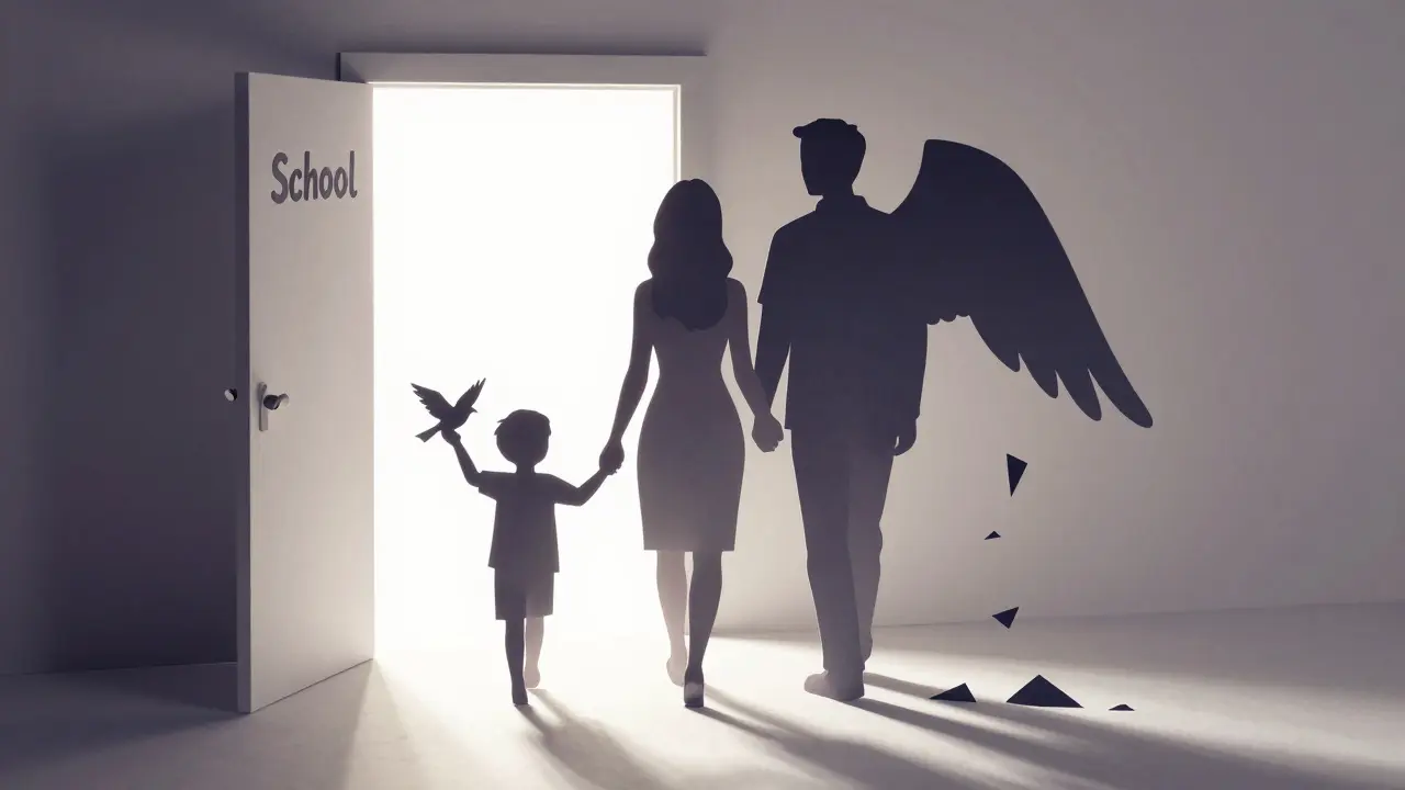 Rodina jde k dveřím školy, zatímco temné stíny za nimi mizí.