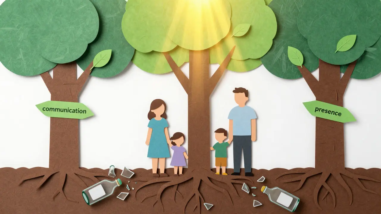 Rodina stojí pod stromem s kořeny jako ruce, listy s nápisy o komunikaci a hranicích, láhve zničené v zemi.