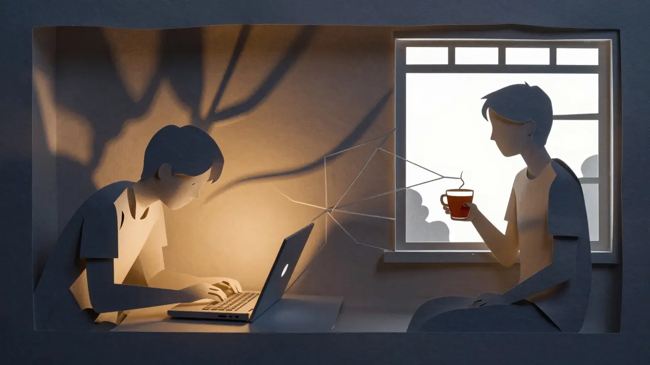 Rozdělená scéna: jeden člověk ve stresu a stejný člověk v klidu, propojení jako léčivá síť.