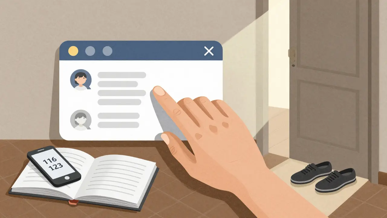 Ruka zavírá chatovací okno a přichází k reálné pomoci – deník, telefon a obuv u dveří.