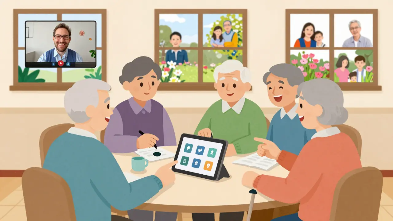 Skupina seniorů pomáhá jiným seniorům používat technologii v komunitním centru, v teplém a přátelském prostředí.