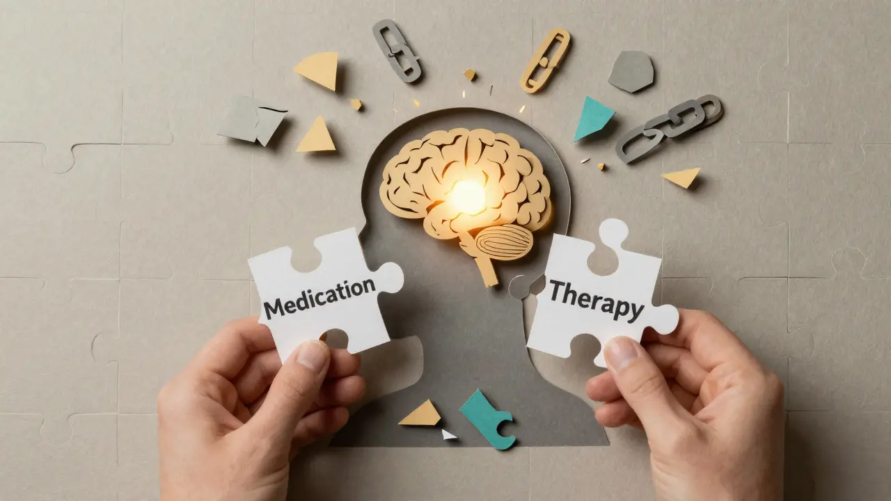 Složenka s chybějícími kousky léků a terapie zapadá do tvaru lidské postavy, mozek září.