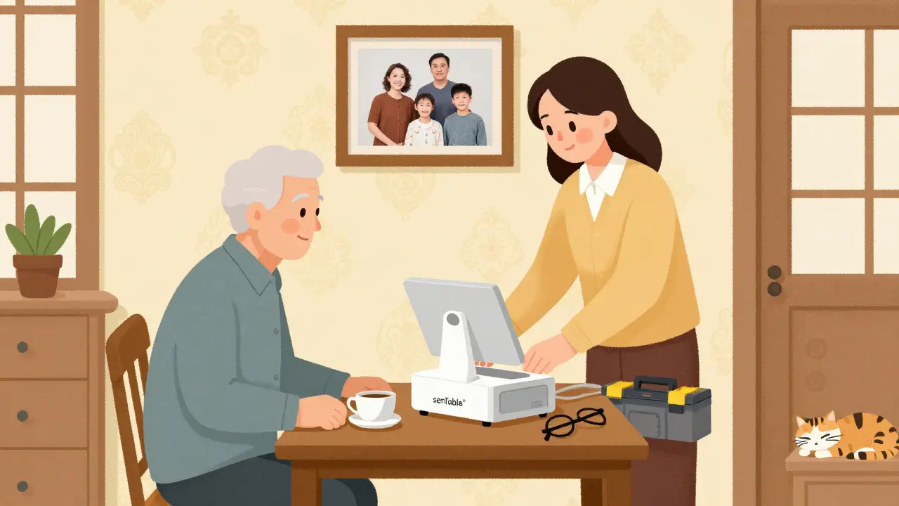 Sociální pracovník nastavuje speciální zařízení pro online terapii v domě starého muže s rodinnými fotografiemi na zdi.