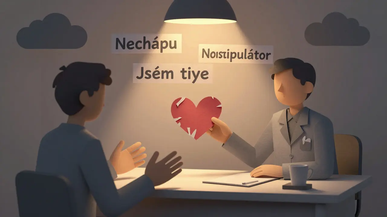 Terapeut drží roztříštěné srdce, zatímco pacient snaží dosáhnout na slova empatie v prostředí plném stínu a světla.