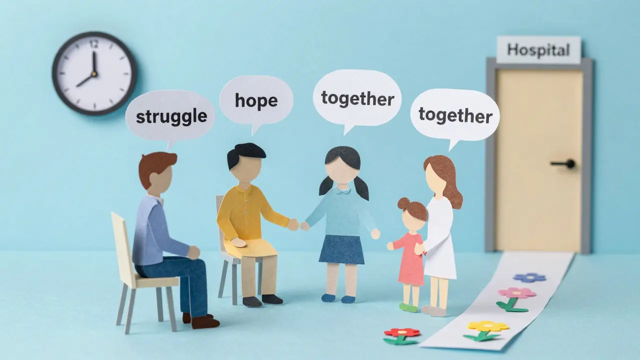 Terapeut s českými rodinami v kruhu, symbolické papírové siluety vyjadřují jejich cestu k uzdravení.