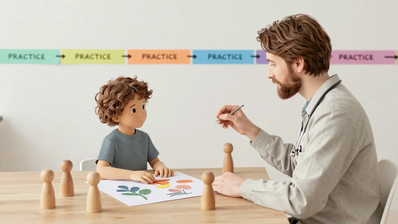 Terapeut s dítětem hraje s papírovými figurkami a vizuálními nástroji.