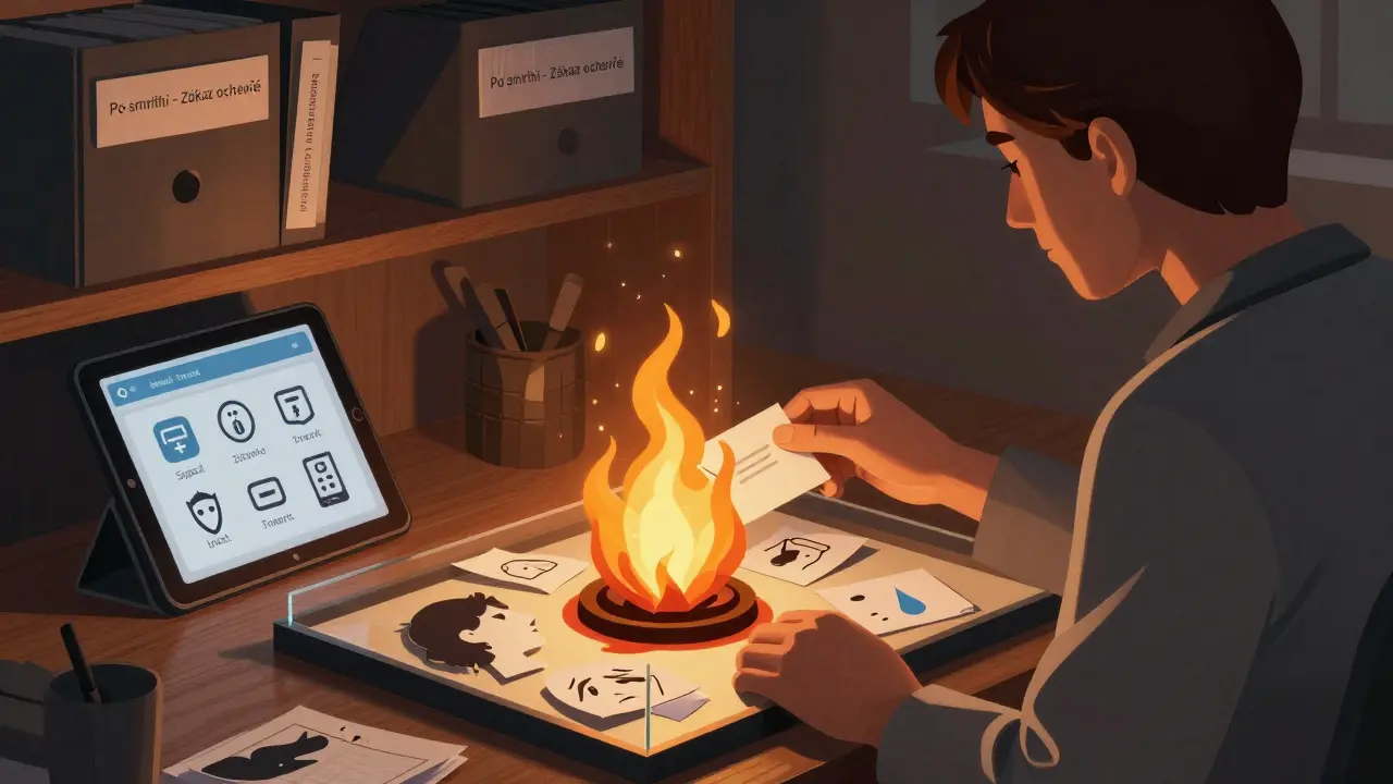 Terapeut spaluje dopis, zatímco šifrované komunikační ikony a záznamy jsou uloženy v uzavřené skříni.