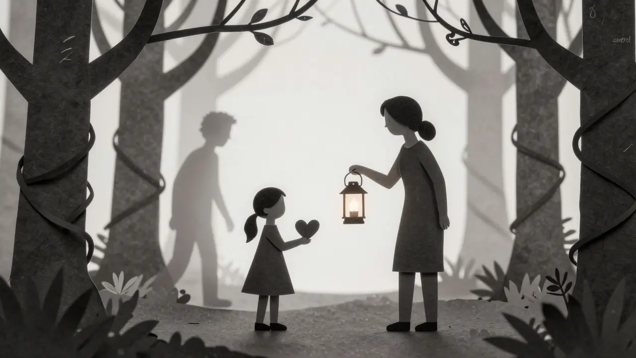 Terapeut vede matku a dceru lesem, matka drží lampion, dcera srdce, za nimi se rozpouští stíny otce a syna.