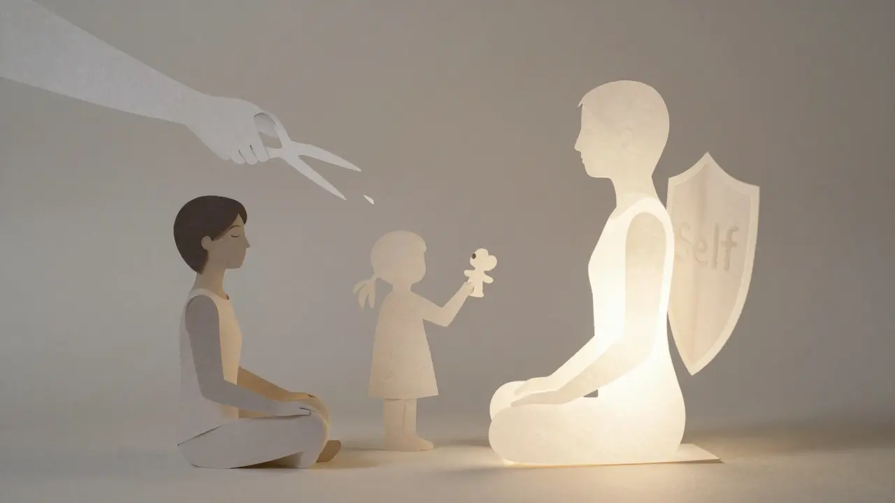 Terapeutické sezení s vnitřními částmi vznikajícími kolem klidného já.