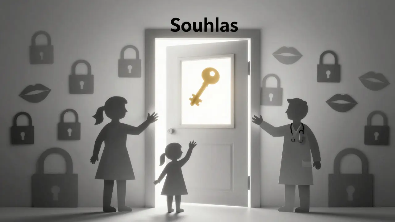 Zavřená dveře terapie s rukama zvenku, zastavenými papírovými zámky a ústy.