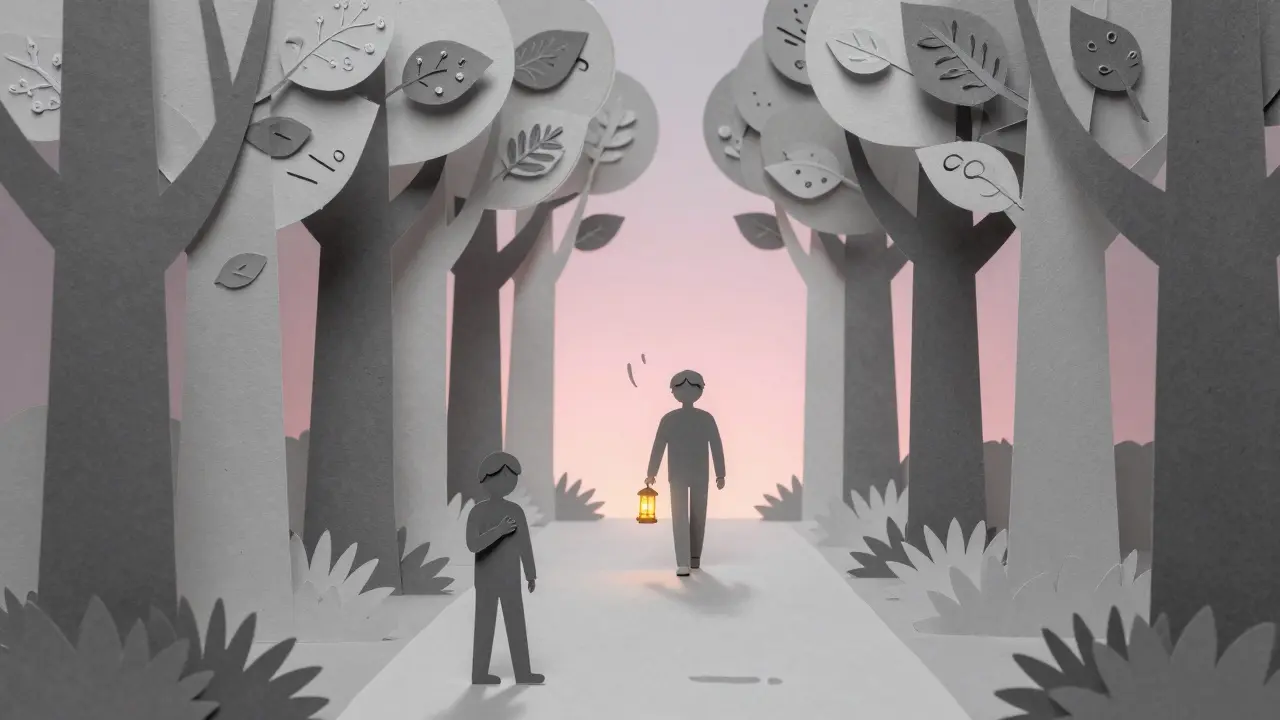 Cesta lesem s papírovými myšlenkami jako listy, dvě verze osoby: jedna zastavená, druhá jde dopředu s lampou.