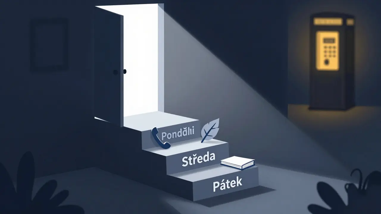 Cesta třemi kroky s jednoduchými ikonami vede z temnoty k světlu, symbolizující malé, ale důležité kroky k bezpečí.