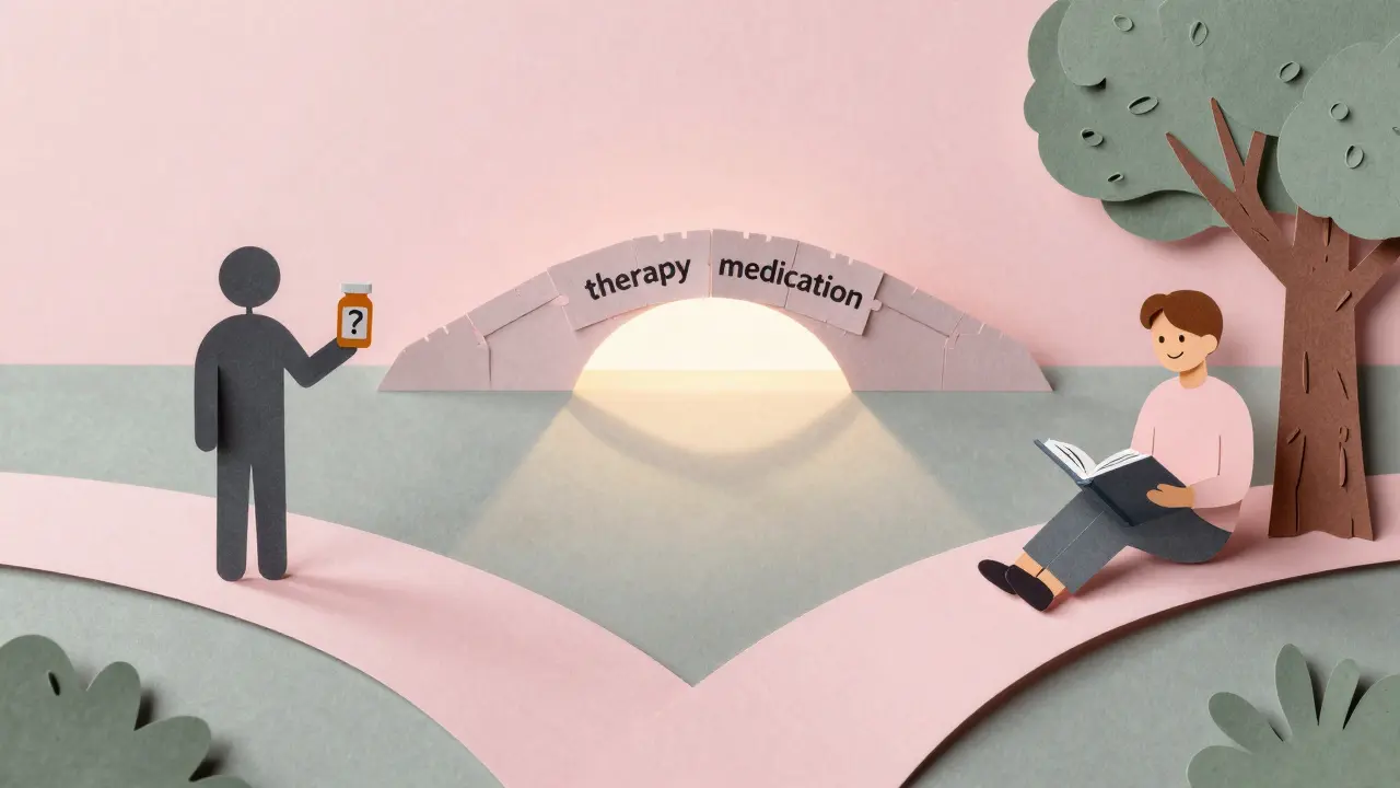 Člověk na rozcestníku mezi léky, terapií a spojením obou cest k uzdravení.