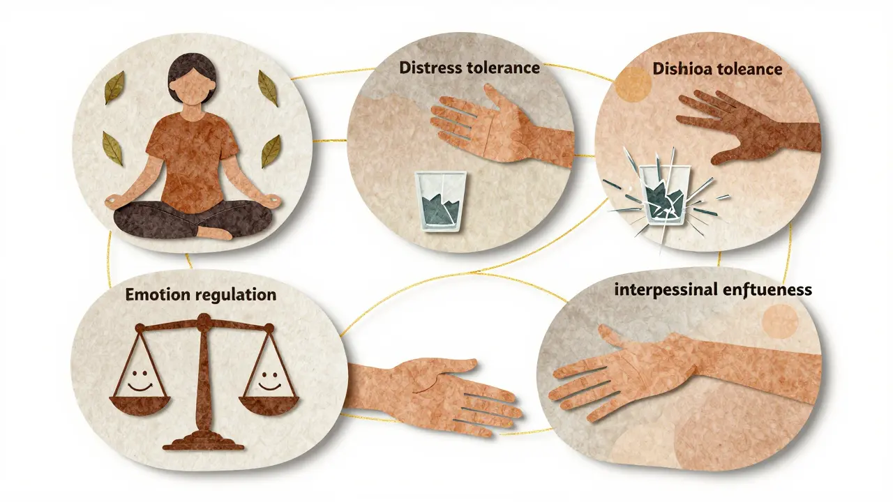 Čtyři části kruhu znázorňující dovednosti DBT: vědomost, tolerance stresu, regulace emocí a efektivita ve vztazích, spojené zlatou nití.