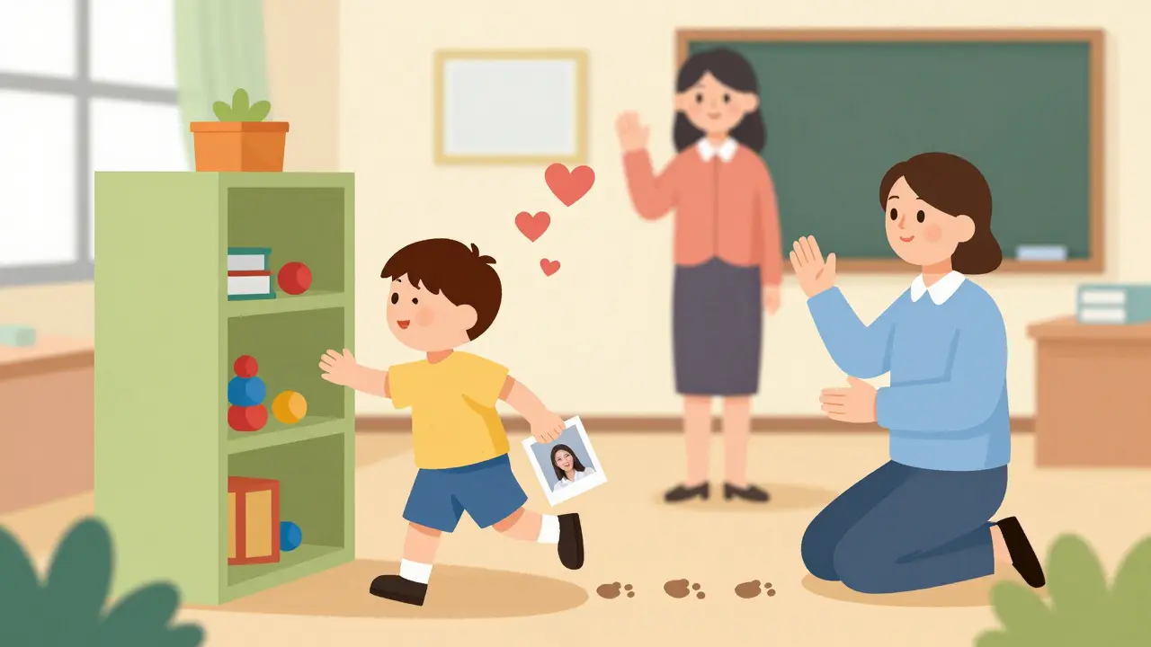 Dítě kročí do třídy, drží fotku rodiče, učitelka se k němu naklání.