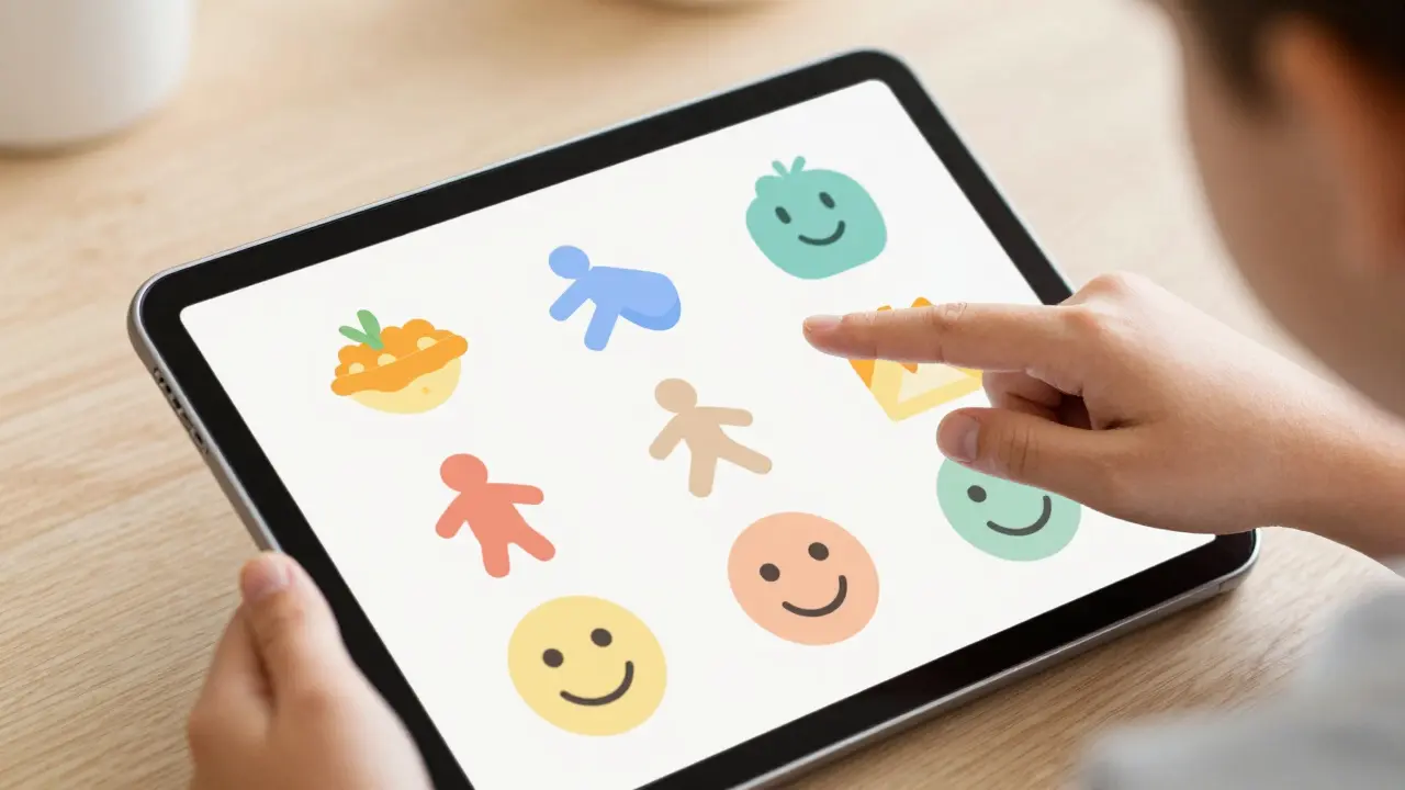 Dítě používá tablet s barevnými ikonami pro komunikaci.