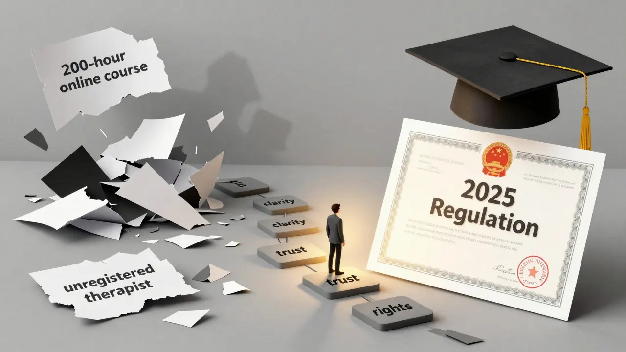 Dvě části: chaos nekvalifikované terapie na levé straně a jasná regulace s certifikátem na pravé.