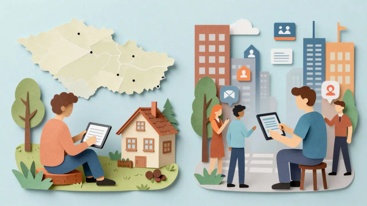 Dvě scény: jedna v venkovském domě s omezeným přístupem k terapeutům, druhá v městě s lehkým přístupem k digitální terapii.