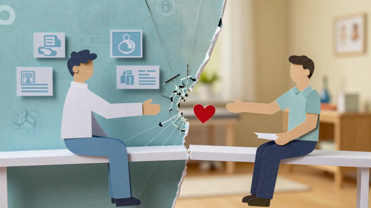 Fragilní most mezi digitální a osobní terapií, s rukou, která se snaží spojit oba světy, a malou opravou ve tvaru srdce.