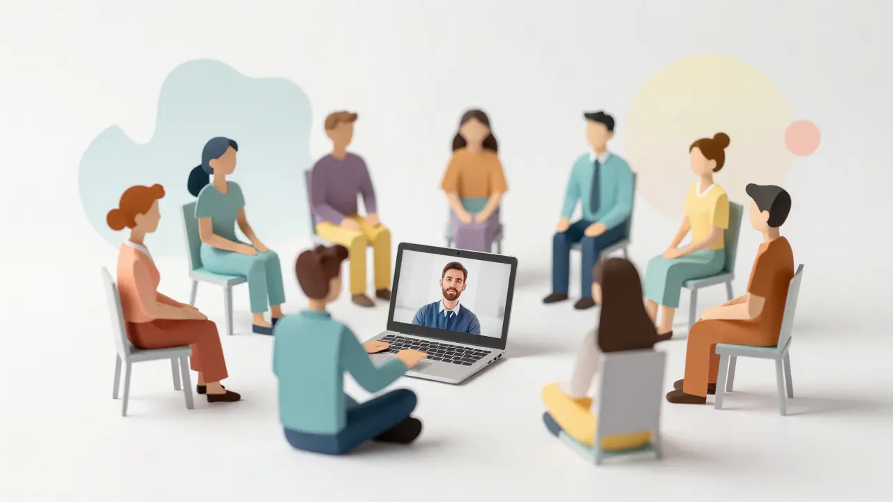 Fyzická skupina a online účastníci v hybridní terapii