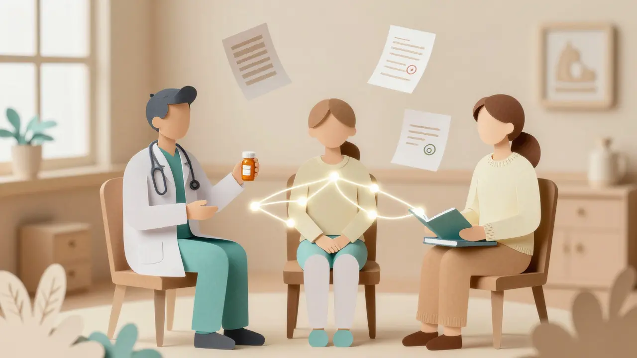 Lékař a psychoterapeut spolupracují s pacientem v kruhové místnosti, symbolizující integrovanou léčbu.