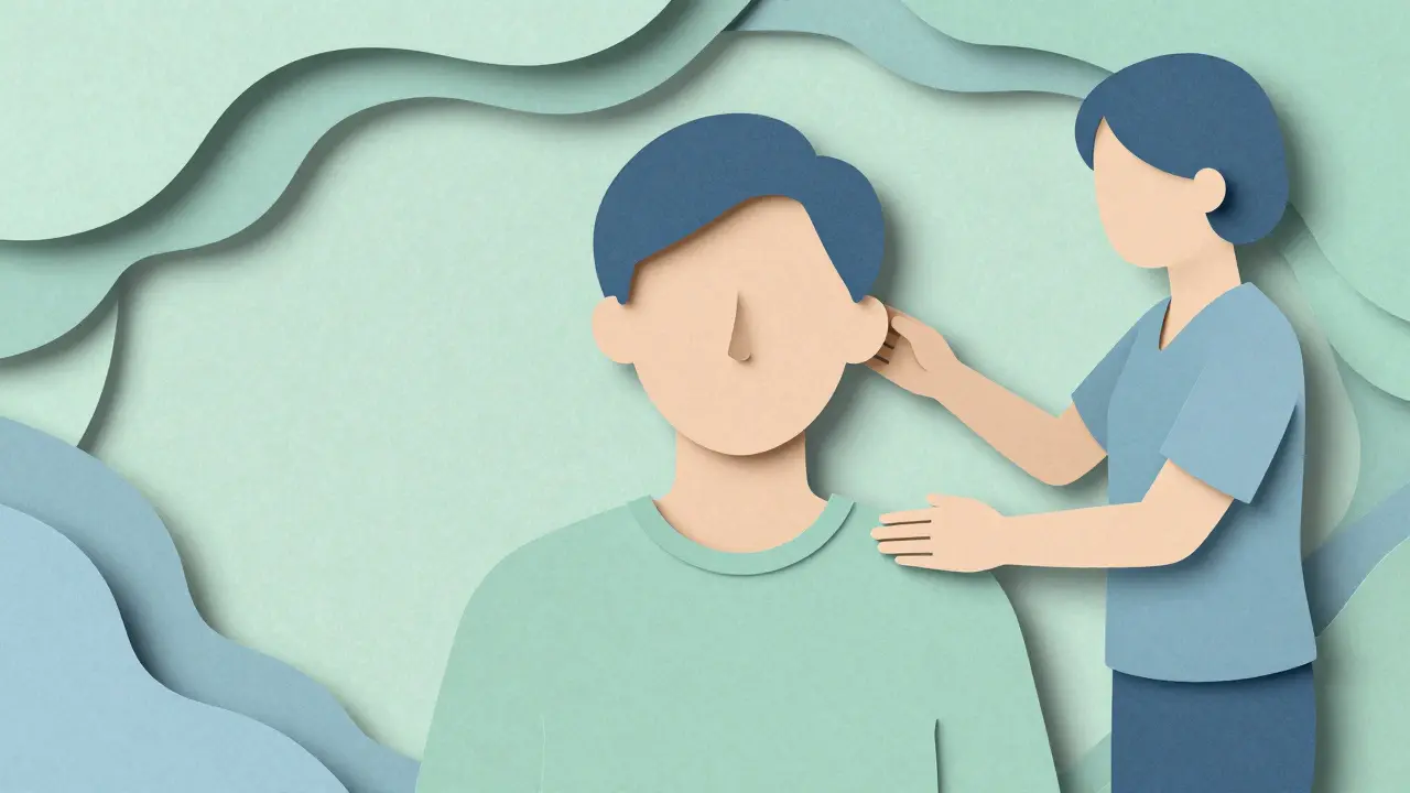 Osoba dýchá s poradcem v klidném prostředí.