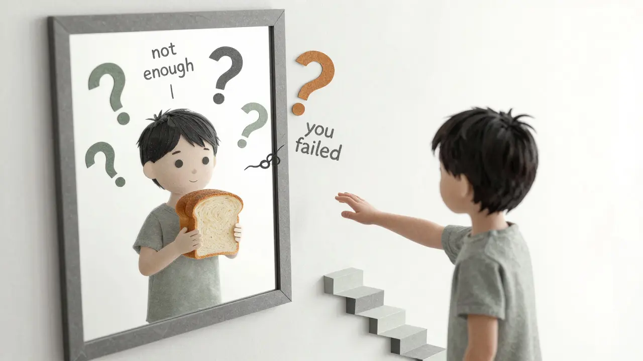 Osoba se dívá do zrcadla, kde se odráží dítě s chlebem, kolem ní jsou otazníky a cesta k světlu.