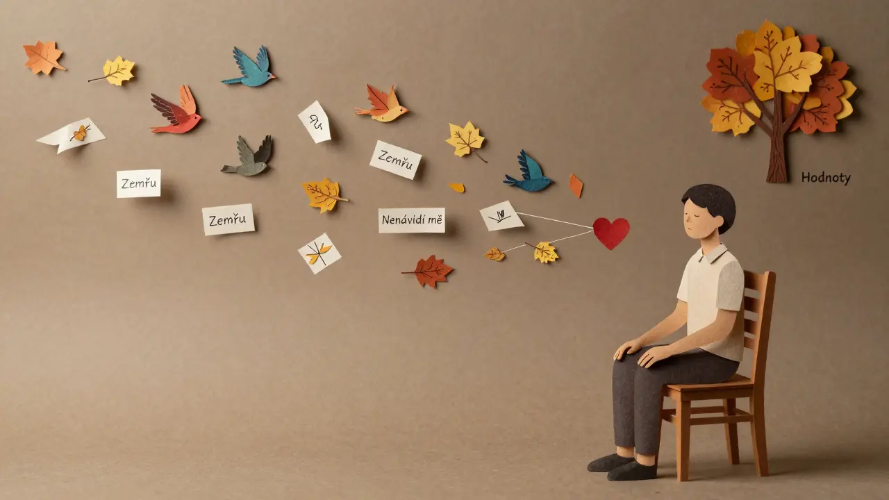 Osoba v klidu, papírové myšlenky jako listy kolem ní, jedna nit spojuje s stromem hodnot.