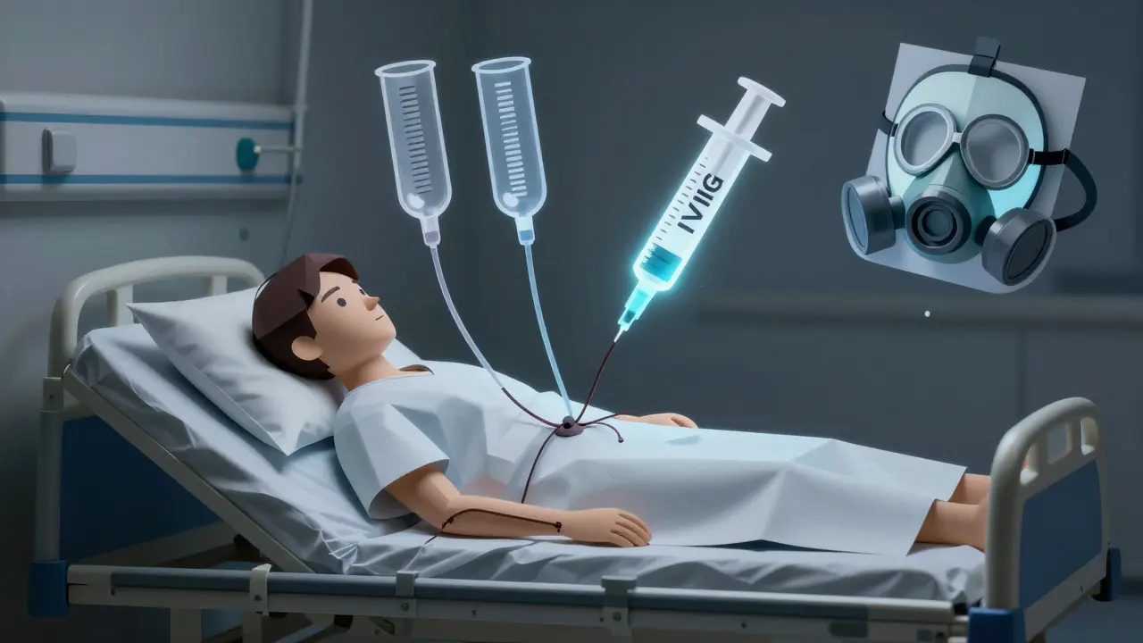 Pacient na lůžku s průhlednou plazmaferézou a varováním proti kyslíku, znázorňující nebezpečí myastenické krize.