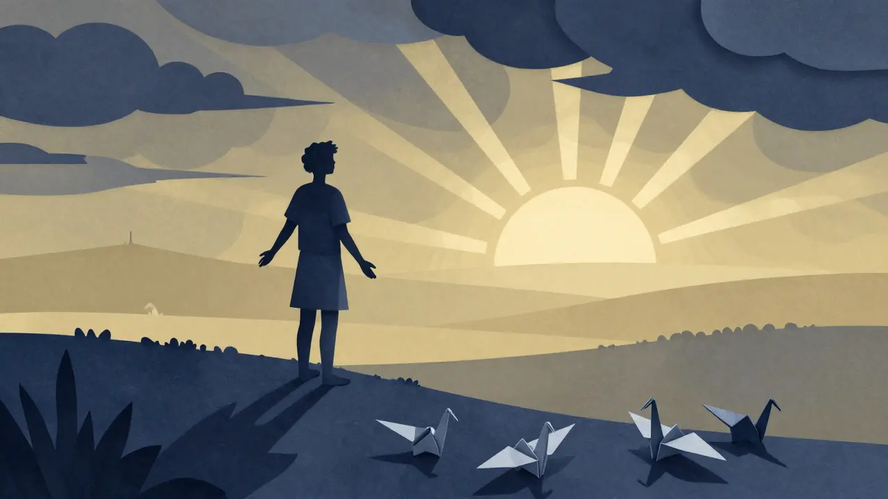 Postava stojí na kraji krajiny, zatímco zlomené tvary se mění v žuravky, symbolizující reintegraci.