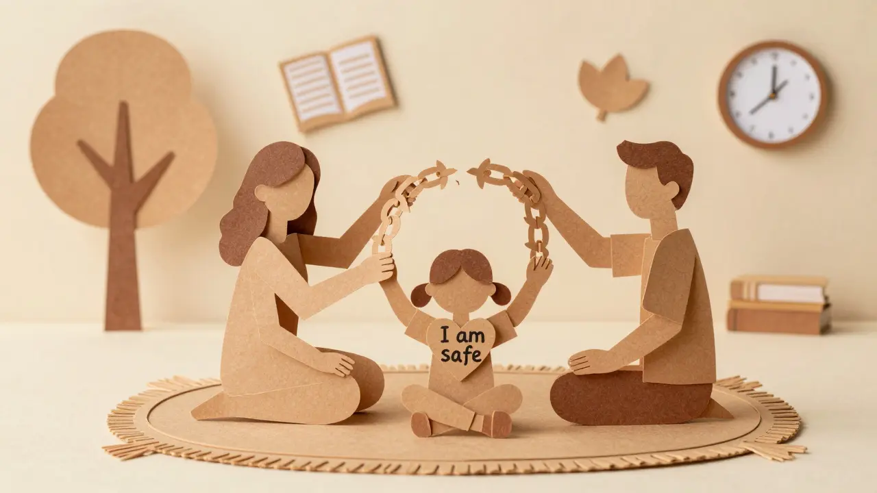 Rodina sedí v kruhu, drží propojené ruce a dítě drží srdce s nápisem 'Jsem v bezpečí'.