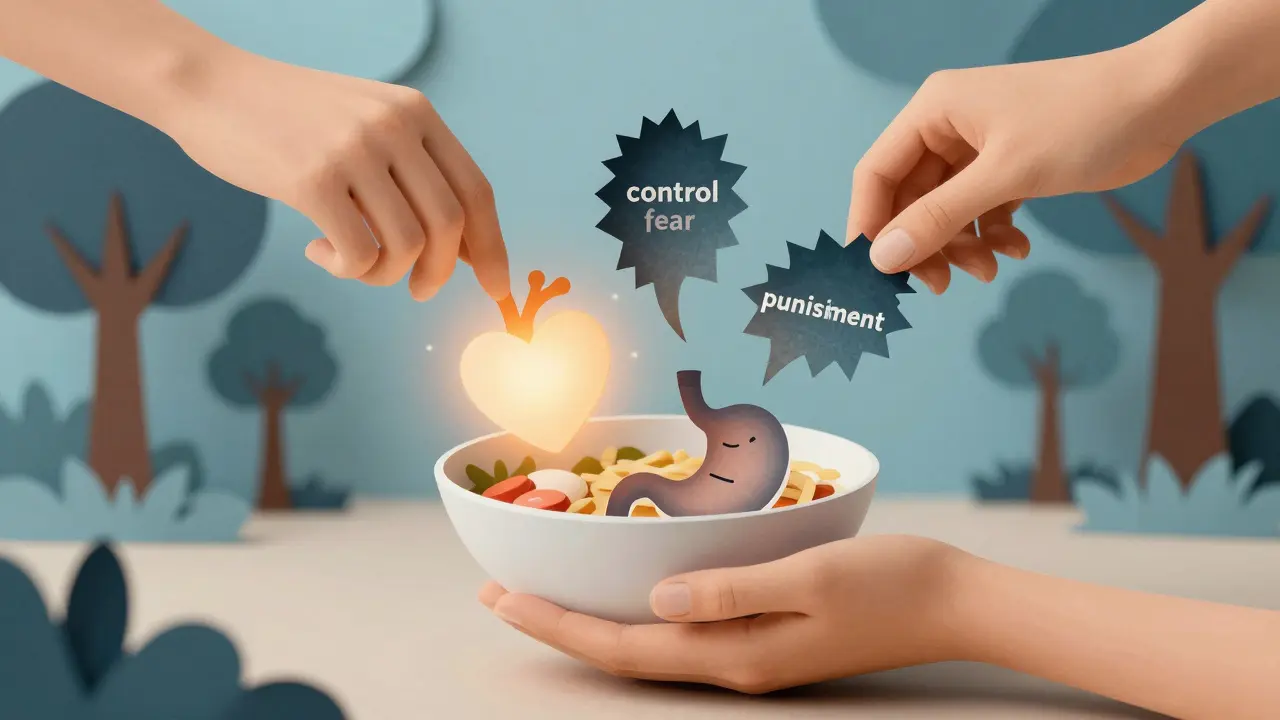 Ruce drží jídlo, pod nimi jsou vidět tělesné signály, zatímco negativní emoce odplouvají.