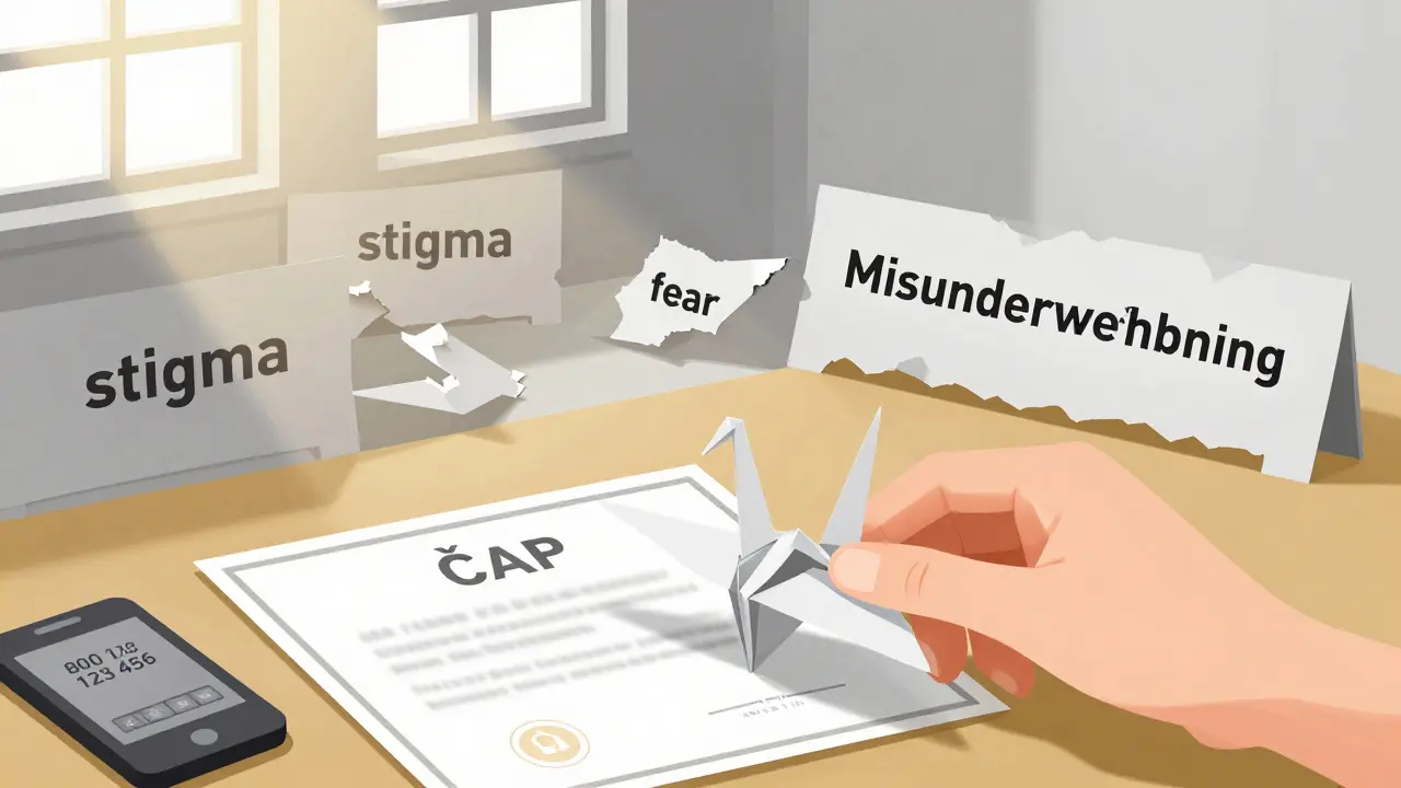 Ruka klade papírového labutě na stůl vedle certifikátu a telefonu s infolinkou, zatímco překážky stigma jsou zničeny světlem.